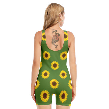 Green Sunflower Pattern Print Sleeveless One Piece Swimsuit
