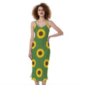 Green Sunflower Pattern Print Slim Fit Midi Cami Dress