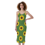 Green Sunflower Pattern Print Slim Fit Midi Cami Dress