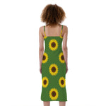 Green Sunflower Pattern Print Slim Fit Midi Cami Dress