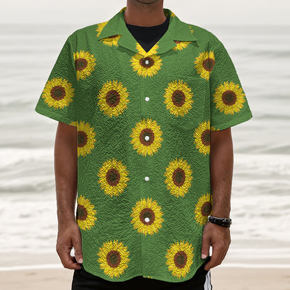 Green Sunflower Pattern Print Textured Short Sleeve Shirt