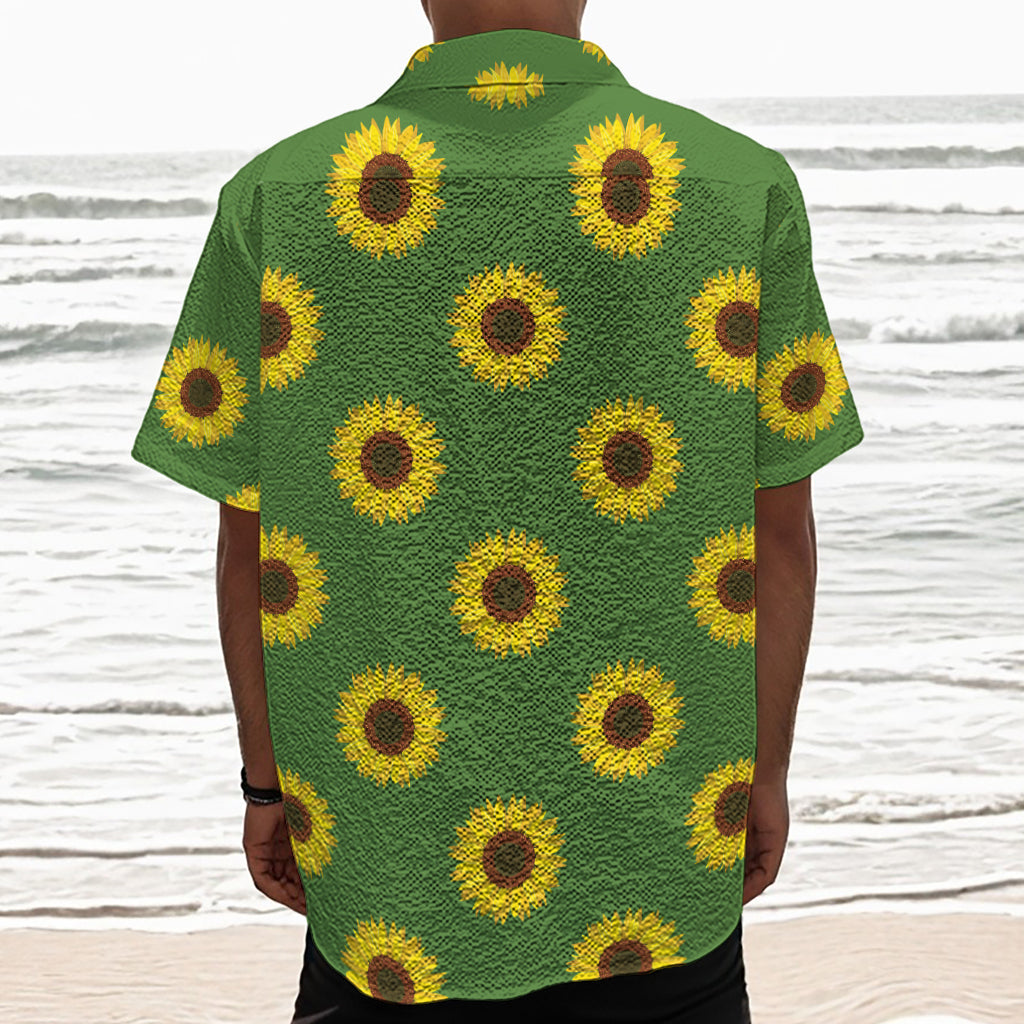 Green Sunflower Pattern Print Textured Short Sleeve Shirt