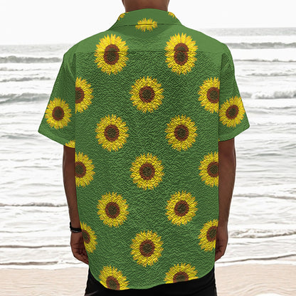 Green Sunflower Pattern Print Textured Short Sleeve Shirt