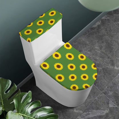 Green Sunflower Pattern Print Toilet Lid And Tank Cover Set