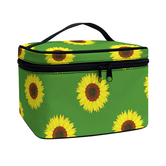 Green Sunflower Pattern Print Travel Makeup Bag