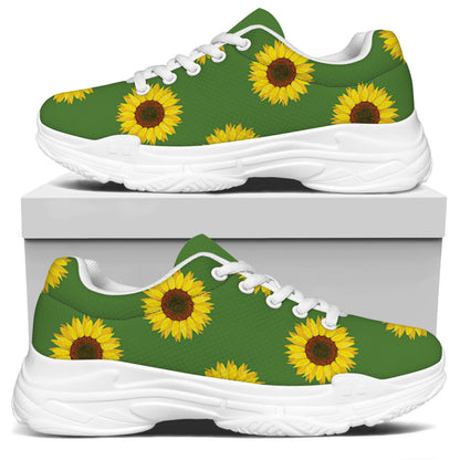 Green Sunflower Pattern Print White Chunky Shoes
