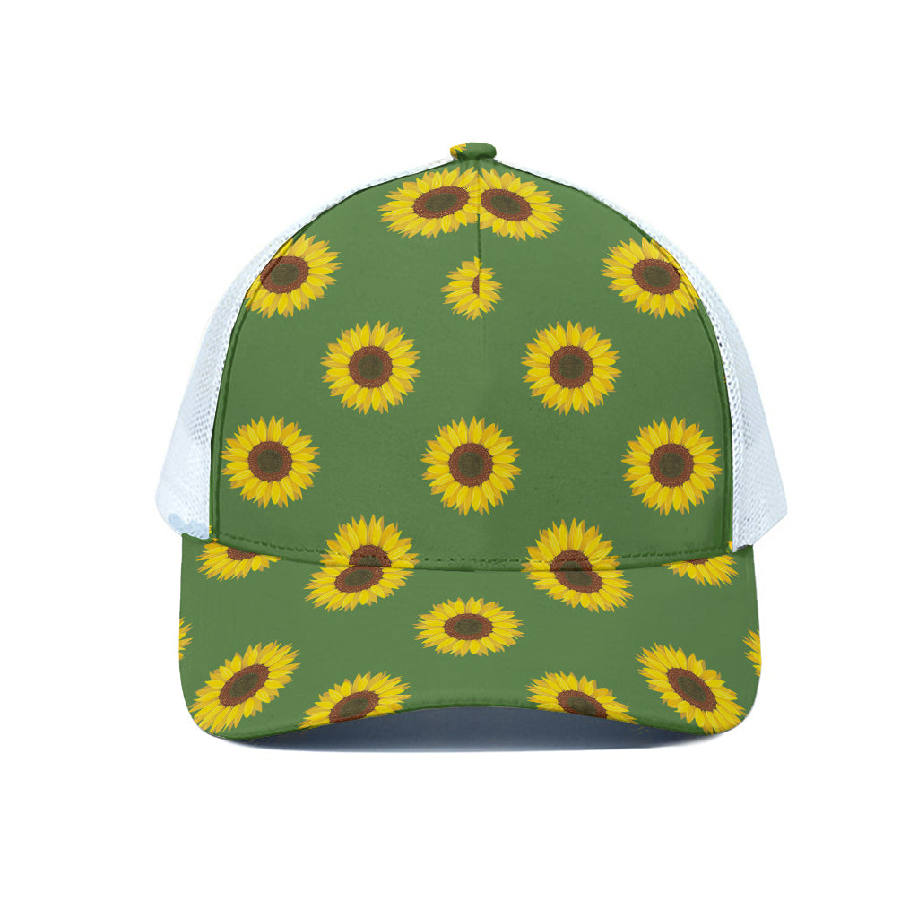 Green Sunflower Pattern Print White Mesh Trucker Cap