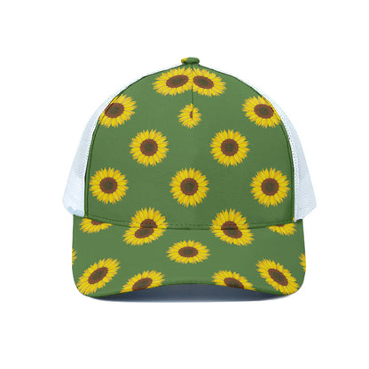 Green Sunflower Pattern Print White Mesh Trucker Cap