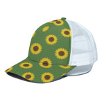Green Sunflower Pattern Print White Mesh Trucker Cap
