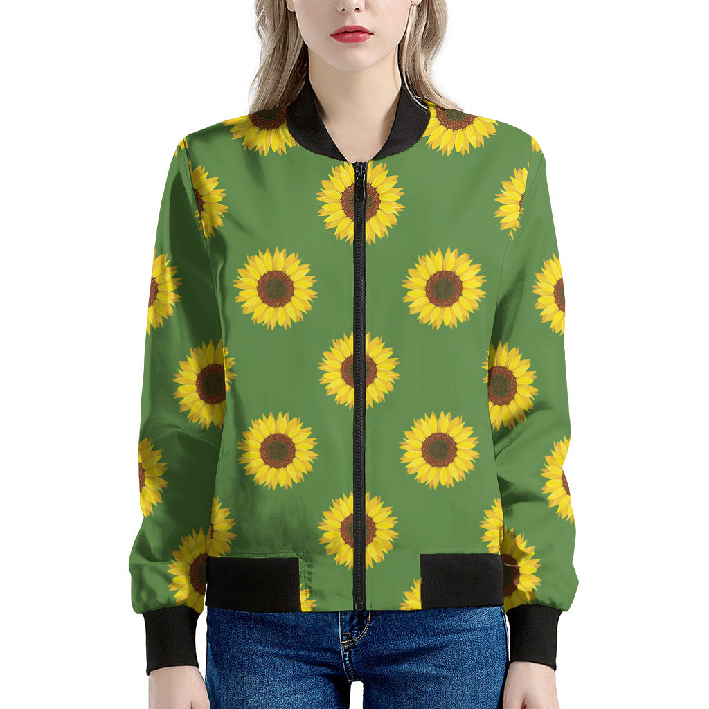 Green Sunflower Pattern Print Women's Bomber Jacket