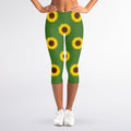 Green Sunflower Pattern Print Women's Capri Leggings