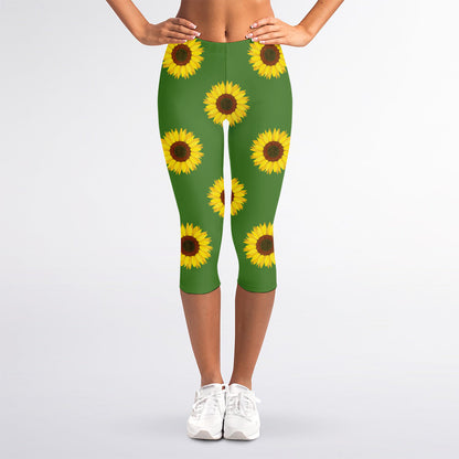 Green Sunflower Pattern Print Women's Capri Leggings