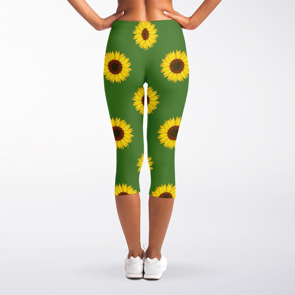 Green Sunflower Pattern Print Women's Capri Leggings