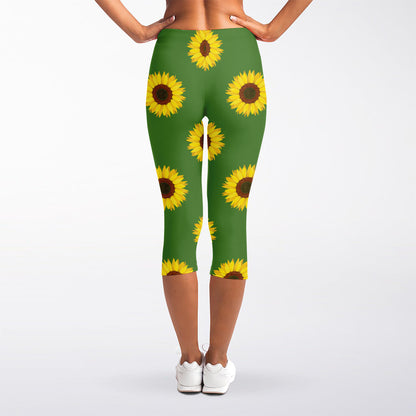 Green Sunflower Pattern Print Women's Capri Leggings