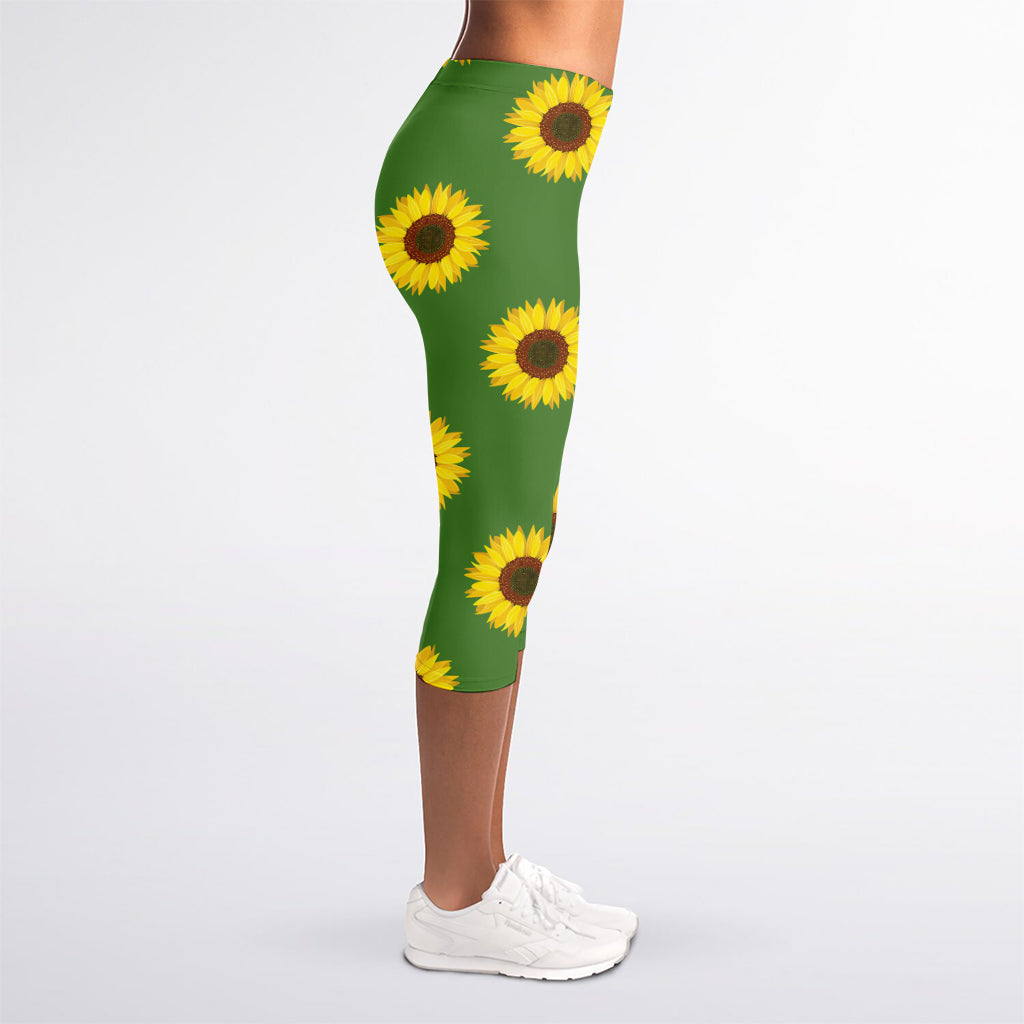 Green Sunflower Pattern Print Women's Capri Leggings