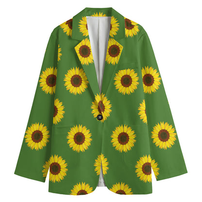 Green Sunflower Pattern Print Women's Cotton Blazer