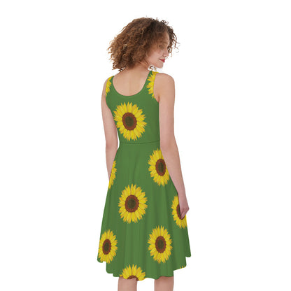 Green Sunflower Pattern Print Women's Sleeveless Dress