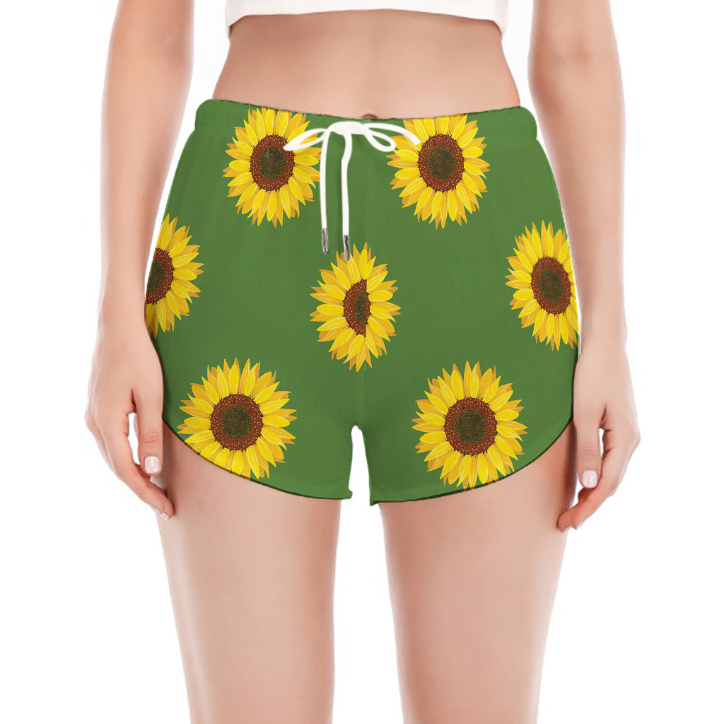 Green Sunflower Pattern Print Women's Split Running Shorts