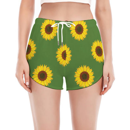 Green Sunflower Pattern Print Women's Split Running Shorts
