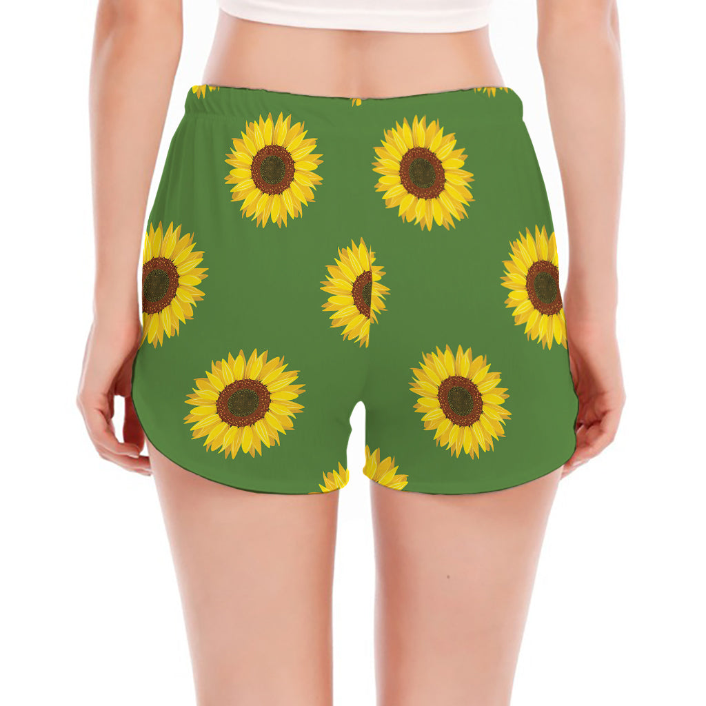 Green Sunflower Pattern Print Women's Split Running Shorts