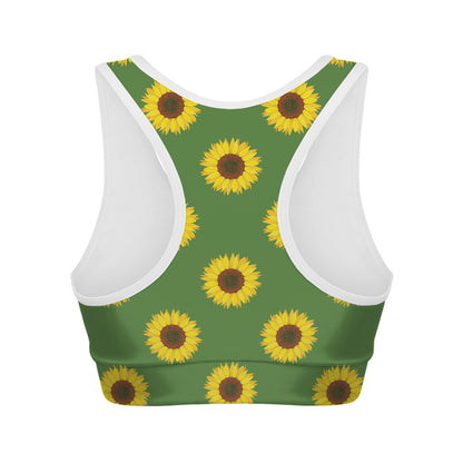 Green Sunflower Pattern Print Women's Sports Bra