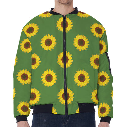 Green Sunflower Pattern Print Zip Sleeve Bomber Jacket