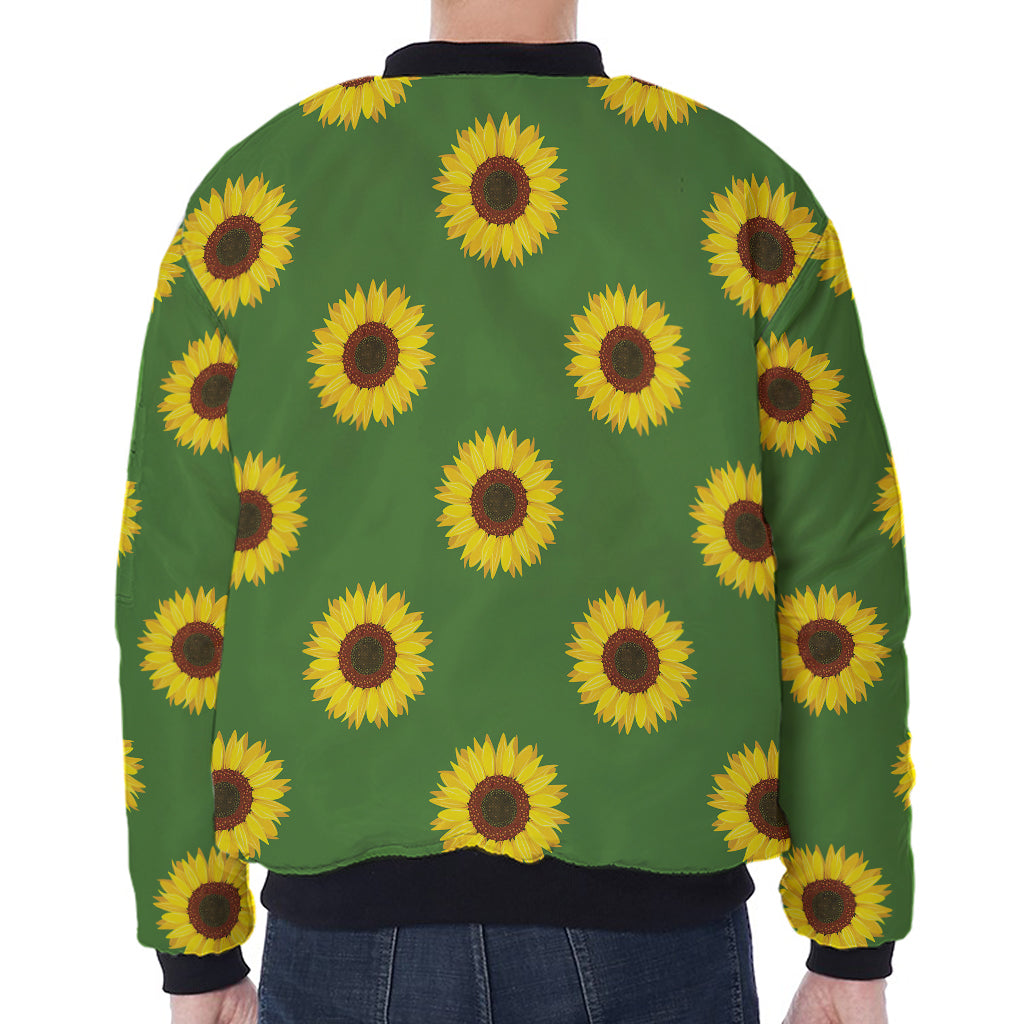 Green Sunflower Pattern Print Zip Sleeve Bomber Jacket