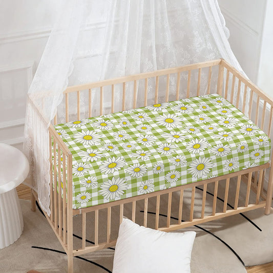 Green Tartan Daisy Pattern Print Baby Crib Sheet