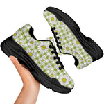 Green Tartan Daisy Pattern Print Black Chunky Shoes
