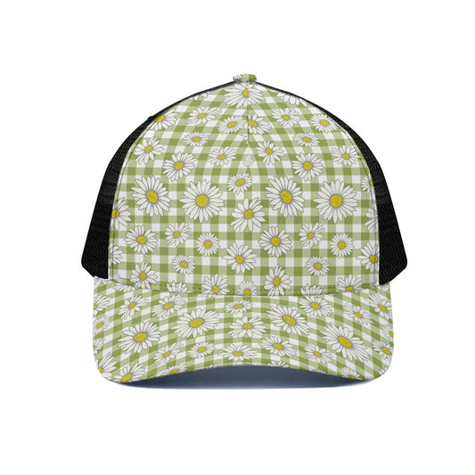 Green Tartan Daisy Pattern Print Black Mesh Trucker Cap