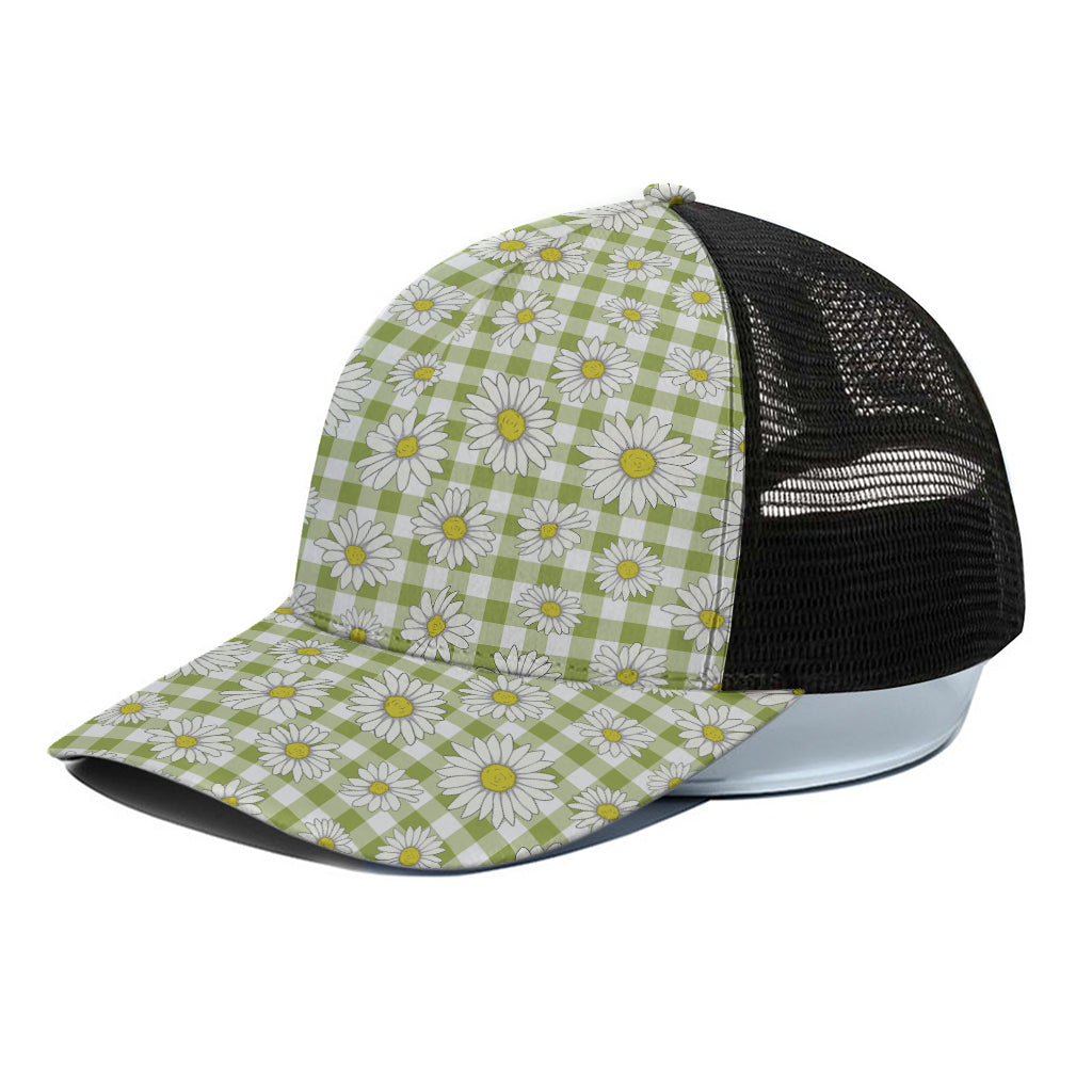 Green Tartan Daisy Pattern Print Black Mesh Trucker Cap