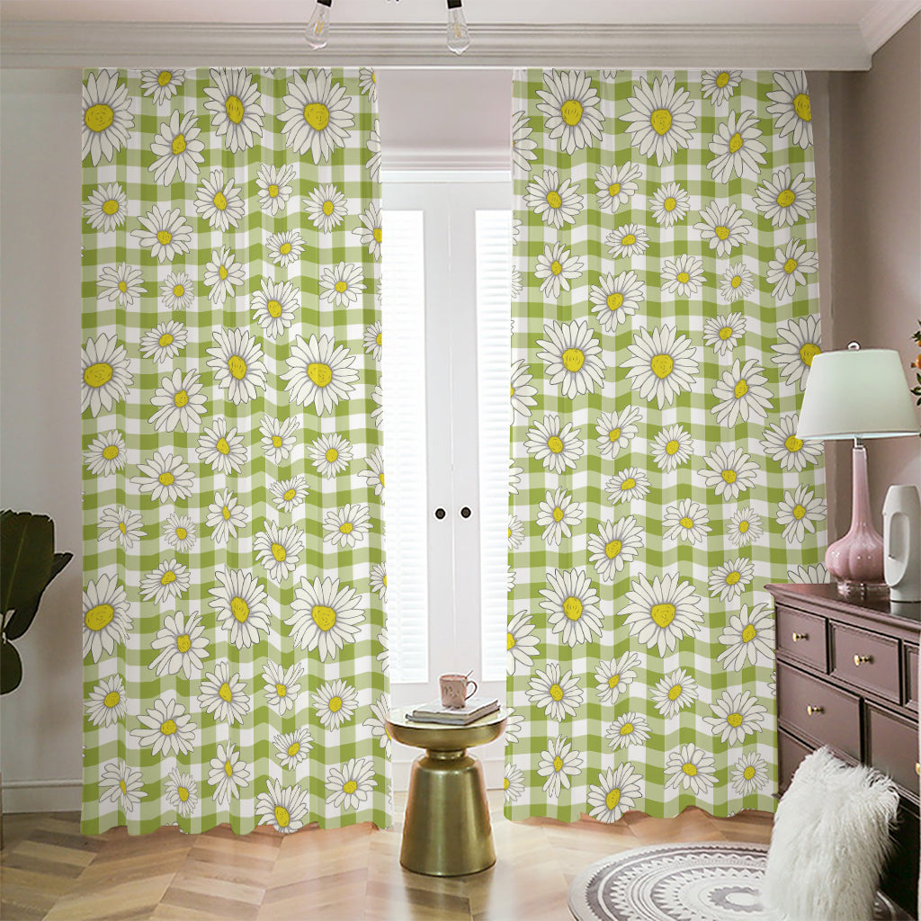 Green Tartan Daisy Pattern Print Blackout Pencil Pleat Curtains