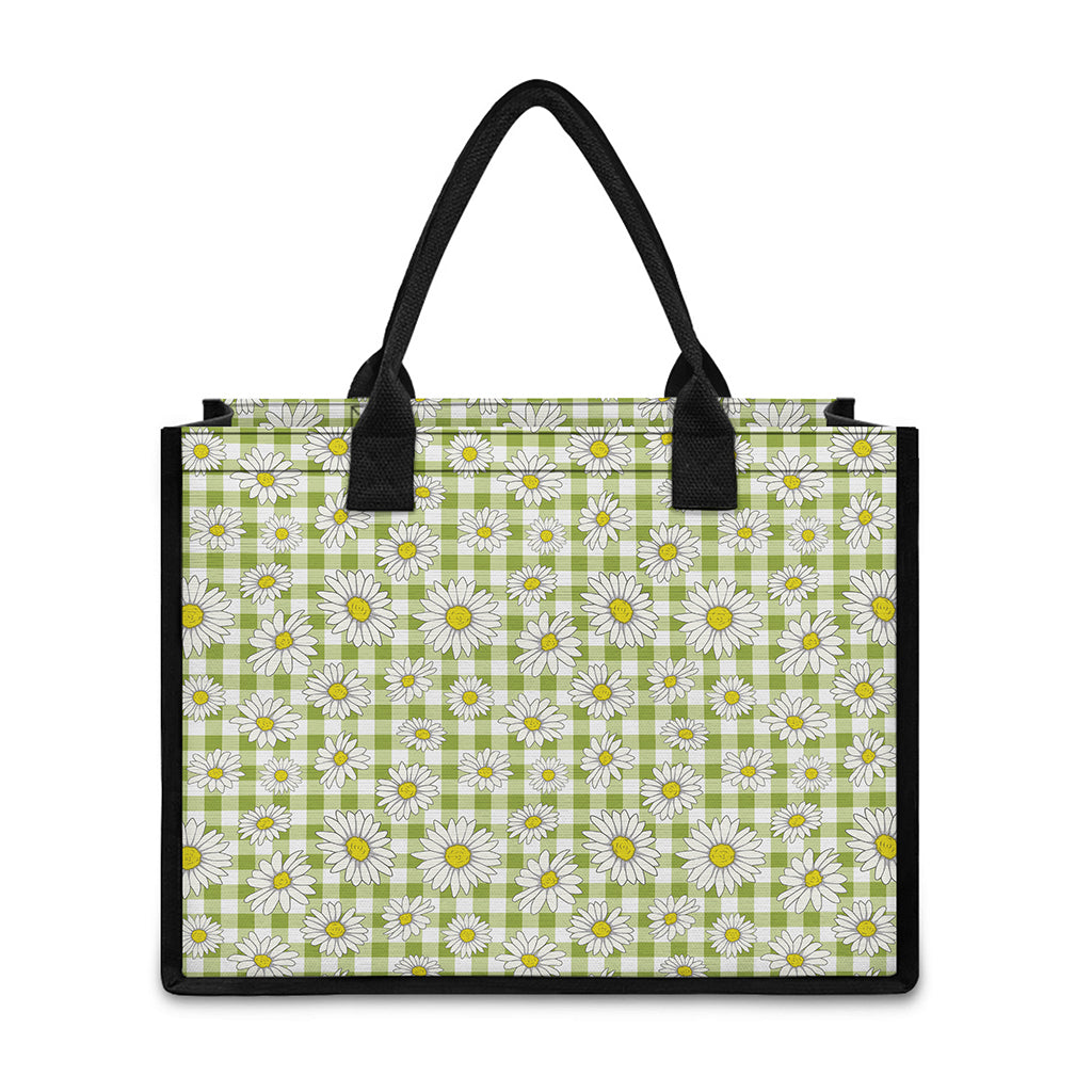 Green Tartan Daisy Pattern Print Canvas Tote Bag