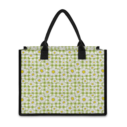 Green Tartan Daisy Pattern Print Canvas Tote Bag