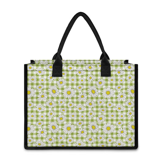 Green Tartan Daisy Pattern Print Canvas Tote Bag