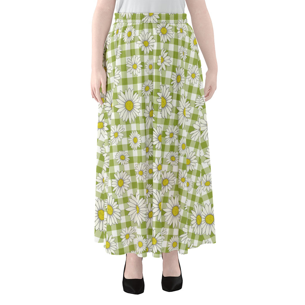 Green Tartan Daisy Pattern Print Chiffon Maxi Skirt