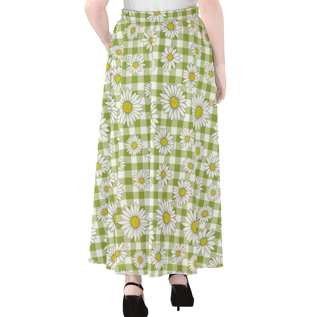 Green Tartan Daisy Pattern Print Chiffon Maxi Skirt