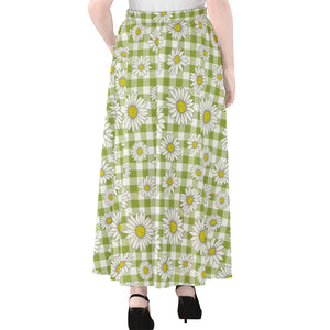 Green Tartan Daisy Pattern Print Chiffon Maxi Skirt