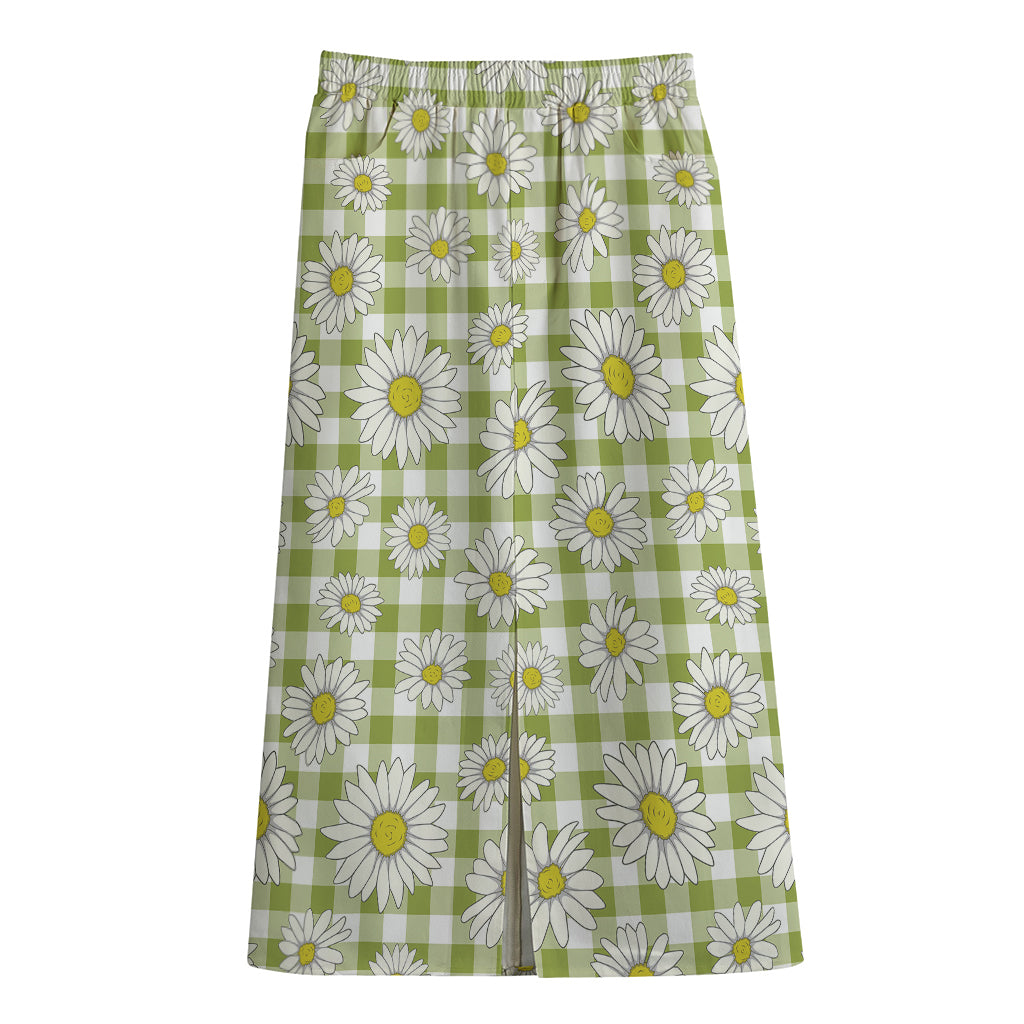 Green Tartan Daisy Pattern Print Cotton Front Slit Maxi Skirt