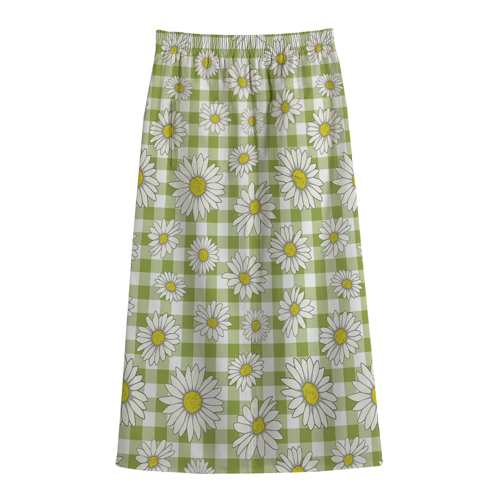 Green Tartan Daisy Pattern Print Cotton Front Slit Maxi Skirt