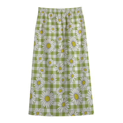 Green Tartan Daisy Pattern Print Cotton Front Slit Maxi Skirt
