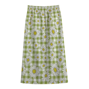 Green Tartan Daisy Pattern Print Cotton Front Slit Maxi Skirt