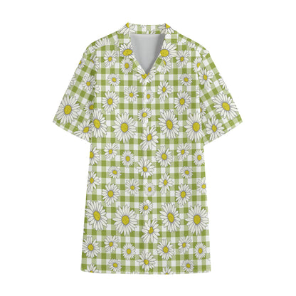 Green Tartan Daisy Pattern Print Cotton Hawaiian Shirt