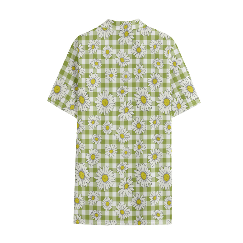 Green Tartan Daisy Pattern Print Cotton Hawaiian Shirt
