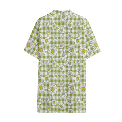 Green Tartan Daisy Pattern Print Cotton Hawaiian Shirt