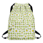 Green Tartan Daisy Pattern Print Drawstring Backpack