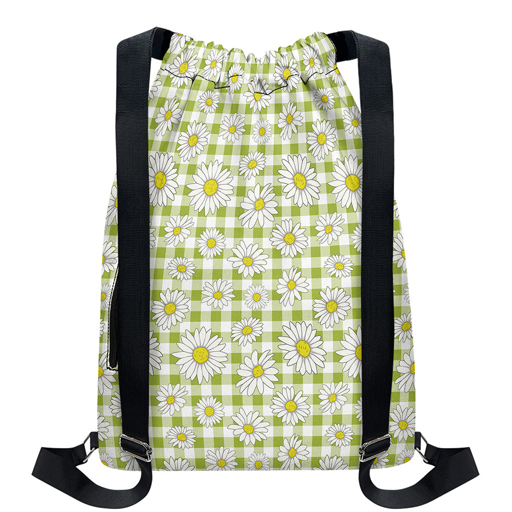 Green Tartan Daisy Pattern Print Drawstring Backpack