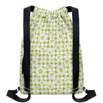 Green Tartan Daisy Pattern Print Drawstring Backpack