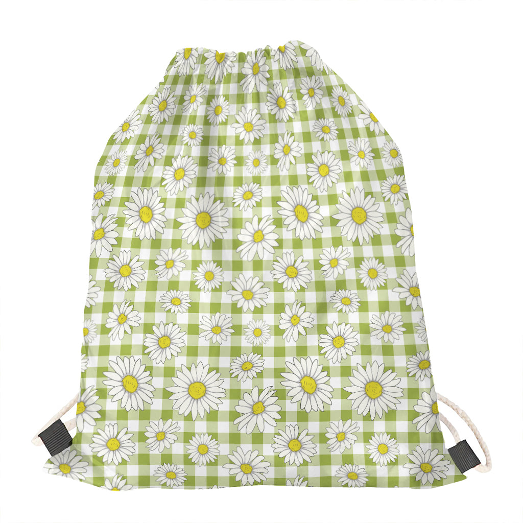 Green Tartan Daisy Pattern Print Drawstring Bag