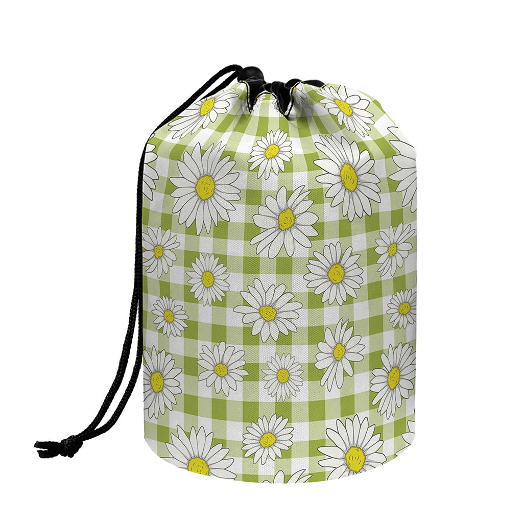 Green Tartan Daisy Pattern Print Drawstring Makeup Bag